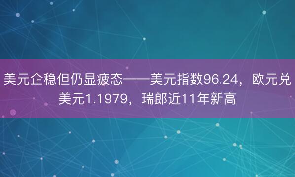 美元企稳但仍显疲态——美元指数96.24，欧元兑美元1.1979，瑞郎近11年新高